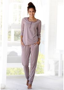 Pyjama Arizona, Damen, Gr. 44/46, lila (mauve, meliert), Single Jersey, Obermaterial: 60% Baumwolle, 40% Polyester, meliert, bequem lang, Rundhals, Homewear-Sets Pyjama, in melierter Qualit&auml;t mit Knopfleiste, Topseller