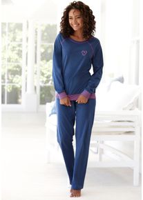 Pyjama Vivance Dreams, Damen, Gr. 32/34, blau (jeansblau, meliert), Single Jersey, Obermaterial: 60% Baumwolle, 40% Polyester, kontrastfarbene Details, meliert, unifarben mit Farbeins&auml;tzen, regular fit lang, Rundhals, Raglan&auml;rmel B&uuml;ndchen kontrastfarben, Homewear-Sets Pyjama, mit dekorativen Flatlock-N&auml;hten in Neonfarben