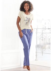 Pyjama Vivance Dreams, Damen, Gr. 36/38, lila (lila, gestreift, ecru), Single Jersey, Obermaterial: 100% Baumwolle, Basic lang, Rundhals, eingesetzt, Homewear-Sets Pyjama, mit zartem Streifenmuster