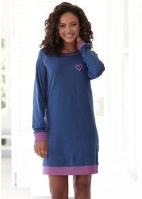Nachthemd Vivance Dreams, Damen, Gr. 48/50, N-Gr, blau (jeansblau, meliert), Single Jersey, Obermaterial: 60% Baumwolle, 40% Polyester, kontrastfarbene Details, meliert, unifarben mit Farbeins&auml;tzen, loose fit kurz, Rundhals, Raglan&auml;rmel Rippb&uuml;ndchen kontrastfarben, Kleider Nachthemd, mit dekorativen Flatlock-N&auml;hten in Neonfarben