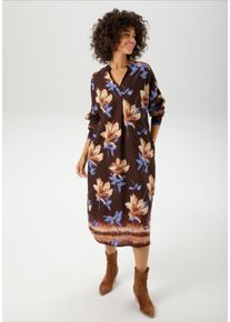 Blusenkleid Aniston CASUAL, Damen, Gr. 42, N-Gr, braun (dunkelbraun, blau, sand, beige, braun, hellbraun, hellblau), Web, Obermaterial: 100% Viskose, bedruckt, gebl&uuml;mt, l&auml;ssig geschnitten kniebedeckend, V-Ausschnitt, Rippb&uuml;ndchen, Kleider Blusenkleid, mit gro&szlig;fl&auml;chigem Blumendruck und Bord&uuml;re