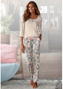 Pyjama Lascana, Damen, Gr. 44/46, beige (sand, bedruckt), Single Jersey, Obermaterial: 100% Baumwolle, bedruckt, Basic lang, Rundhals, eingesetzt,mit Aufschlag,mit Riegel, Homewear-Sets Pyjama, mit gemusterter Hose, Topseller