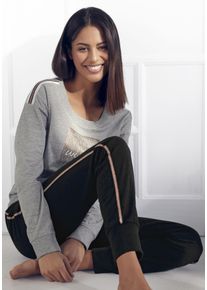 Pyjama Vivance Dreams, Damen, Gr. 44/46, schwarz (graumeliert, schwarz), Single Jersey, Obermaterial: 100% Baumwolle, bedruckt, kontrastfarbene Details, Basic lang, Rundhals, Homewear-Sets Pyjama, mit kontrastfarbenen Tape Details