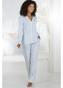 Pyjama Vivance Dreams, Damen, Gr. 44/46, bunt (blau, rosa, gestreift), Single Jersey, Obermaterial: 50% Baumwolle, 50% Viskose, gestreift, klassisch lang, V-Ausschnitt, eingesetzt abgesteppte Kante, Homewear-Sets Pyjama, mit durchgehender Knopfleiste