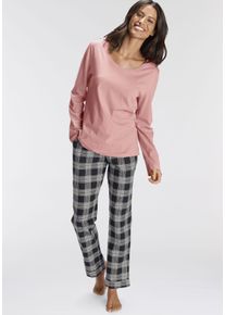 H.I.S. Pyjama H.I.S, Damen, Gr. 46, rosa (dunkelrosa, schwarz, grau, kariert), Single Jersey, Obermaterial: 100% Baumwolle, Basic lang, Rundhals, Homewear-Sets Pyjama, mit karierter Schlafhose