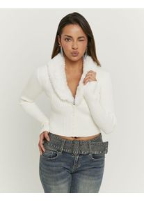 Strickjacke Tally Weijl "SCAVIPELZI", Damen, Gr. S, sanftes wei&szlig;, Strick, Obermaterial: 52% Viskose, 28% Polyester, 20% Polyamid, unifarben, kurz, V-Ausschnitt, gerader Abschluss, Strickjacken Strickjacke, Viskosemischung