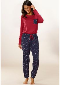Pyjama Vivance Dreams, Damen, Gr. 48/50, rot (rot, navy), Single Jersey, Obermaterial: 100% Baumwolle, bequem lang, Rundhals, Homewear-Sets Pyjama, mit niedlichem Herzen-Sterne-Druck, Topseller