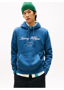 Hoodie Tommy Hilfiger "SCRIPT LOGO HOODY", Herren, Gr. L, blau (aegean sea), Sweatware, Obermaterial: 63% Baumwolle, 37% Polyester, unifarben, regular fit h&uuml;ftlang, Rippb&uuml;ndchen, Sweatshirts Hoodie, mit aufgesticktem Logo