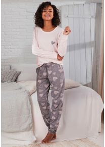 Pyjama Vivance Dreams, Damen, Gr. 44/46, rosa, grau, Single Jersey, Obermaterial: 60% Baumwolle, 40% Polyester, gemustert, Basic, loose fit lang, Rundhals, eingesetzt angesetztes B&uuml;ndchen, Homewear-Sets Pyjama, mit s&uuml;&szlig;em Herzchen-Print