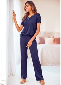 Pyjama Lascana, Damen, Gr. 44/46, blau (nachtblau), Single Jersey, Obermaterial: 100% Viskose, lang, V-Ausschnitt, abgesteppt, Homewear-Sets Pyjama, mit Spitzendetails