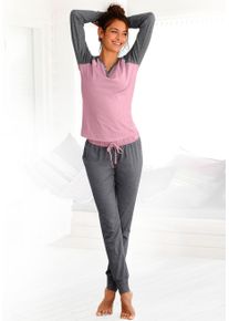 Schlafanzug Buffalo, Damen, Gr. 44/46, grau (rosa, anthrazit, meliert), Single Jersey, Obermaterial: 100% Baumwolle, meliert, Basic, bequem lang, V-Ausschnitt, Raglan&auml;rmel Rippb&uuml;ndchen, Homewear-Sets Schlafanzug, mit Zierkn&ouml;pfen