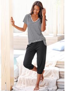 H.I.S. Capri-Pyjama H.I.S, Damen, Gr. 44/46, schwarz (schwarz, gestreift), Single Jersey, Obermaterial: 100% Baumwolle, unifarben mit Farbeinsatz, Basic, l&auml;ssig geschnitten 3/4-L&auml;nge, V-Ausschnitt, Homewear-Sets Capri-Pyjama, mit geringeltem T-Shirt und legerer Hose, Topseller