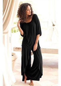 Pyjama Lascana, Damen, Gr. 44/46, schwarz, Single Jersey, Obermaterial: 100% Viskose, unifarben, loose fit lang, tiefer Rundhals, Raglan&auml;rmel elastischer Bund mit innenliegendem Gummizug, Homewear-Sets Pyjama, Hose in edler Layeroptik, Topseller