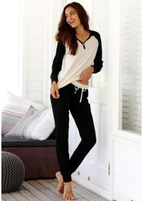 Schlafanzug Buffalo, Damen, Gr. 44/46, schwarz (ecru, schwarz), Single Jersey, Obermaterial: 100% Baumwolle, unifarben, Basic, bequem lang, V-Ausschnitt, Raglan&auml;rmel Rippb&uuml;ndchen, Homewear-Sets Schlafanzug, mit Zierkn&ouml;pfen