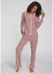 Pyjama Lascana, Damen, Gr. 44/46, blau (rot, wei&szlig;, gestreift), Single Jersey, Obermaterial: 100% Baumwolle, gestreift, bequem lang, V-Ausschnitt, Homewear-Sets Pyjama, Mit Weihnachtlichem Muster