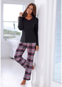 Pyjama Lascana, Damen, Gr. 46, bunt (schwarz, pink, kariert), Flanell, Obermaterial: 100% Baumwolle, Basic, Basic lang, V-Ausschnitt, eingesetzt, Homewear-Sets Pyjama, mit kuscheliger Flanellhose, Topseller