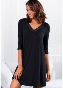 Nachthemd Lascana, Damen, Gr. 40/42, N-Gr, schwarz, Single Jersey, Obermaterial: 95% Viskose, 5% Elasthan, unifarben, kniefrei, tiefer V-Ausschnitt, Kleider Nachthemd, mit Spitzendetails, Topseller
