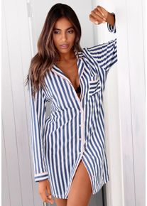 H.I.S. Nachthemd H.I.S, Damen, Gr. 48/50, N-Gr, bunt (blau, wei&szlig;, peach), Single Jersey, Obermaterial: 100% Baumwolle, gestreift, kontrastfarbene Details, bequem ca. Mitte Oberschenkel, V-Ausschnitt, eingesetzt,mit Paspel Manschette, Kleider Nachthemd, in klassischem Schnitt mit Streifenmuster, Topseller