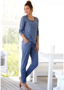 Pyjama Arizona, Damen, Gr. 44/46, blau (jeans, meliert), Single Jersey, Obermaterial: 60% Baumwolle, 40% Polyester, meliert, bequem lang, Rundhals, Homewear-Sets Pyjama, in melierter Qualit&auml;t mit Knopfleiste