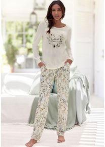 Pyjama Lascana, Damen, Gr. 44/46, blau (ecru, gemustert), Single Jersey, Obermaterial: 50% Baumwolle, 50% Viskose, gebl&uuml;mt, loose fit lang, Rundhals, eingesetzt, Homewear-Sets Pyjama, mit sch&ouml;nem Blumenmuster, Topseller