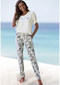 Pyjama Vivance Dreams, Damen, Gr. 44/46, beige (creme, gemustert), Single Jersey, Obermaterial: 60% Baumwolle, 40% Polyester, gemustert, unifarben, bequem lang, Rundhals, abgesteppt, Homewear-Sets Pyjama, Allover-Druck