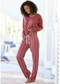 Pyjama Vivance Dreams, Damen, Gr. 44/46, rot (rot, gestreift), Single Jersey, Obermaterial: 100% Baumwolle, gestreift, unifarben, Basic, bequem lang, Rundhals, Homewear-Sets Pyjama, mit Frontdruck, Topseller