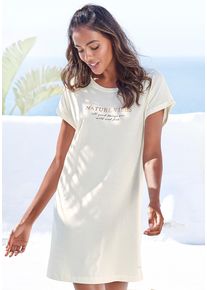 Nachthemd Lascana, Damen, Gr. 36/38, N-Gr, beige (ecru), Single Jersey, Obermaterial: 50% Baumwolle, 50% Viskose, unifarben, loose fit mini, Rundhals, angeschnitten,mit Aufschlag, Kleider Nachthemd, Mit Folien- oder Allover-Druck