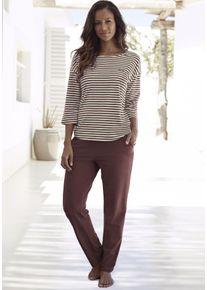 H.I.S. Pyjama H.I.S, Damen, Gr. 36/38, rot (bordeauc), Single Jersey, Obermaterial: 95% Baumwolle, 5% Elasthan, bestickt, gestreift, Basic, loose fit lang, Rundhals, Homewear-Sets Pyjama, mit Logostickerei auf der Brust