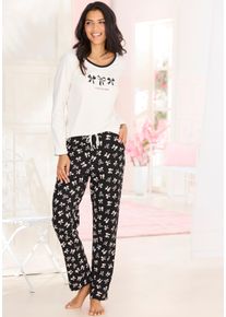 Pyjama Vivance Dreams, Damen, Gr. 44/46, ecru, schwarz, gemustert, Single Jersey, Obermaterial: 100% Baumwolle. Unterteil: 100% Baumwolle, Basic lang, Rundhals, Homewear-Sets Pyjama, mit s&uuml;&szlig;em Schleifenmuster