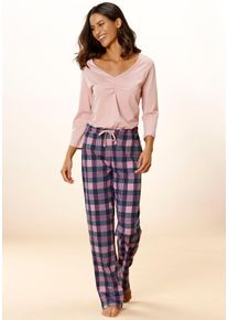 Pyjama Vivance Dreams, Damen, Gr. 56/58, bunt (hellrosa, navy), Single Jersey, Obermaterial: 100% Baumwolle, kariert, lang, V-Ausschnitt, eingesetzt, Homewear-Sets Pyjama, mit Karo Muster