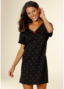 Nachthemd Vivance Dreams, Damen, Gr. 40/42, N-Gr, schwarz (schwarz, schwarz), Single Jersey, Obermaterial: 100% Baumwolle, gemustert, bequem kurz, V-Ausschnitt, eingesetzt H&auml;kelkante, Kleider Nachthemd, mit Herzchen-Druck, Topseller