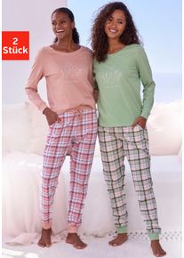 Pyjama Vivance Dreams, Damen, Gr. 44/46, gr&uuml;n (gr&uuml;n und rosa, kariert), Single Jersey, Obermaterial 2: 100% Baumwolle, kariert, Basic, bequem lang, Rundhals, eingesetzt Rippb&uuml;ndchen, Homewear-Sets Pyjama, Elastische Rippb&uuml;ndchen