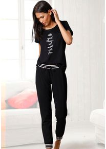 Pyjama s.Oliver, Damen, Gr. 44/46, schwarz, Single Jersey, Obermaterial: 100% Baumwolle, bequem lang, Rundhals, eingesetzt, Homewear-Sets Pyjama, mit gestreiften Rippb&uuml;ndchen, Topseller