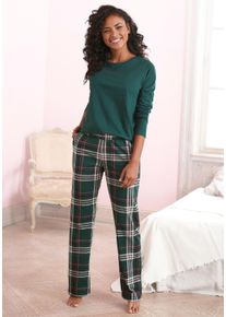 Pyjama Vivance Dreams, Damen, Gr. 44/46, gr&uuml;n (dunkelgr&uuml;n, kariert), Single Jersey, Obermaterial: 60% Baumwolle, 40% Polyester, bedruckt, kariert, unifarben, Basic, loose fit lang, Rundhals, Homewear-Sets Pyjama, mit Schriftprint und gemusterter Hose