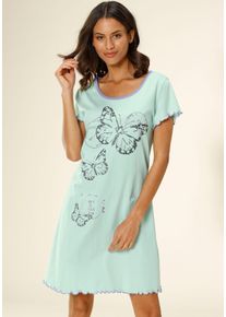 Nachthemd Vivance Dreams, Damen, Gr. 48/50, N-Gr, gr&uuml;n (mint), Single Jersey, Obermaterial: 100% Baumwolle, bedruckt, bequem kurz, Rundhals, Babylock kontrastfarben, Kleider Nachthemd, mit Schmetterling Motiv, Topseller