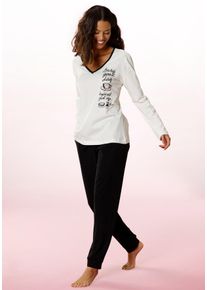 Pyjama Vivance Dreams, Damen, Gr. 56/58, schwarz (ecru, schwarz), Single Jersey, Graumeliert (Obermaterial): 90% Baumwolle, 10% Polyester. Obermaterial: 100% Baumwolle, bedruckt, Basic, bequem lang, V-Ausschnitt, eingesetzt, Homewear-Sets Pyjama