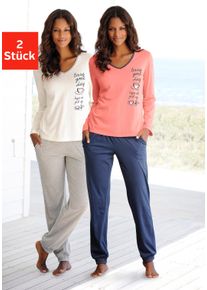 Pyjama Vivance Dreams, Damen, Gr. 36/38, bunt (ecru, grau, meliert, koralle, marine), Single Jersey, Graumeliert (Obermaterial): 90% Baumwolle, 10% Polyester. Obermaterial: 100% Baumwolle, unifarben mit Farbeinsatz, lang, Homewear-Sets Pyjama, mit seitlichem Print, Topseller
