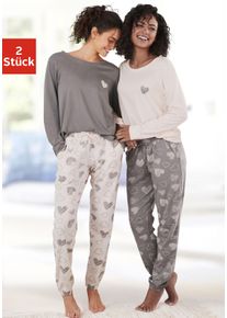 Pyjama Vivance Dreams, Damen, Gr. 44/46, rosa (rosa, grau), Single Jersey, Obermaterial: 60% Baumwolle, 40% Polyester, gemustert, Basic, loose fit lang, Rundhals, eingesetzt angesetztes B&uuml;ndchen, Homewear-Sets Pyjama, mit s&uuml;&szlig;em Herzchen-Print, Topseller