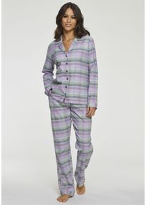 Pyjama Vivance Dreams, Damen, Gr. 38, lila (lila, kariert), Flanell, Obermaterial: 100% Baumwolle, kariert, klassisch lang, V-Ausschnitt, Homewear-Sets Pyjama, aus kuschelig weichem Flanell