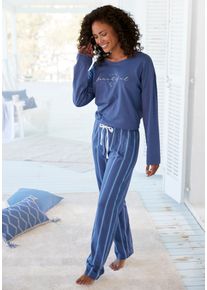 Pyjama Vivance Dreams, Damen, Gr. 44/46, blau (blau, gestreift), Single Jersey, Obermaterial: 100% Baumwolle, gestreift, unifarben, Basic, bequem lang, Rundhals, Homewear-Sets Pyjama, mit Frontdruck, Topseller