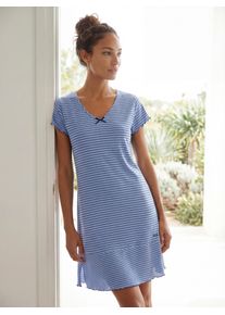 H.I.S. Nachthemd H.I.S, Damen, Gr. 48/50, N-Gr, blau (blau, geringelt), Single Jersey, Obermaterial: 100% Baumwolle, gestreift, figurumspielend kurz, V-Ausschnitt, eingesetzt Babylock kontrastfarben, Kleider Nachthemd, in s&uuml;&szlig;em Streifenlook mit Kr&auml;uselr&auml;ndern, Topseller
