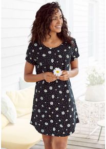 Nachthemd Vivance Dreams, Damen, Gr. 44/46, N-Gr, schwarz (schwarz, gemustert), Single Jersey, Obermaterial: 100% Baumwolle, gemustert, Basic, bequem kurz, Rundhals, eingesetzt Aufschlag, Kleider Nachthemd, mit G&auml;nsebl&uuml;mchen-Druck, Topseller