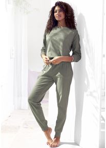 Pyjama Kangaroos, Damen, Gr. 44/46, gr&uuml;n (khaki), Single Jersey, Obermaterial: 100% Baumwolle, bedruckt, Basic, bequem lang, Rundhals, Rippb&uuml;ndchen, Homewear-Sets Pyjama, mit Slogan-Frontdruck, Topseller