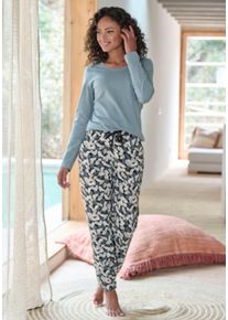 Pyjama Vivance Dreams, Damen, Gr. 44/46, blau (grau, blau schwarz gemustert), Obermaterial: 100% Baumwolle, Basic, Basic, Rundhals, Homewear-Sets Pyjama, mit sch&ouml;nem Naturprint