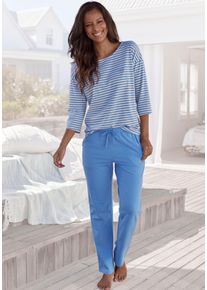 H.I.S. Pyjama H.I.S, Damen, Gr. 48/50, blau, Single Jersey, Obermaterial: 95% Baumwolle, 5% Elasthan, bestickt, gestreift, Basic, loose fit lang, Rundhals, Homewear-Sets Pyjama, mit Logostickerei auf der Brust