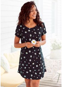 Nachthemd Vivance Dreams, Damen, Gr. 40/42, N-Gr, schwarz (schwarz, gemustert), Single Jersey, Obermaterial: 100% Baumwolle, gemustert, Basic, bequem kurz, Rundhals, eingesetzt Aufschlag, Kleider Nachthemd, mit G&auml;nsebl&uuml;mchen-Druck, Topseller