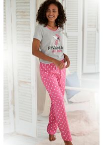Pyjama PEANUTS, Damen, Gr. 44/46, bunt (grau, meliert, pink, gepunktet), Single Jersey, Obermaterial: 100% Baumwolle, bequem lang, Rundhals, Homewear-Sets Pyjama, mit Snoopy Druckmotiv, Topseller