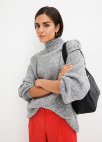 Strickpullover bonprix "Grobstrick-Pullover", Damen, Gr. 56/58 (XXXL), grau (grau meliert), Obermaterial: 56% Polyester, 31% Polyacryl, 7% Polyamid, 6% Wolle, oversize, Pullover Strickpullover, aus Polyester, Polyacryl, Polyamid und Wolle, mit Stehkragen