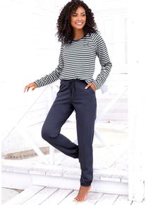 Pyjama Vivance Dreams, Damen, Gr. 56/58, blau (dunkelblau), Single Jersey, Obermaterial: 100% Baumwolle, bestickt, gestreift, Basic, bequem lang, Rundhals, Raglan&auml;rmel, Homewear-Sets Pyjama, mit garngef&auml;rbten Streifen