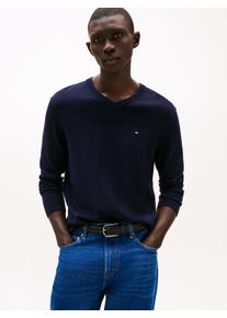 Strickpullover Tommy Hilfiger "ESSENTIAL COTTON V NECK mit V-Ausschnitt und Stickerei", Herren, Gr. M, blau (desert sky), Strick, Obermaterial: 100% Baumwolle, V-Ausschnitt, Rippb&uuml;ndchen, Pullover Strickpullover, unifarben, casual, regular fit, Baumwolle, V-Ausschnitt